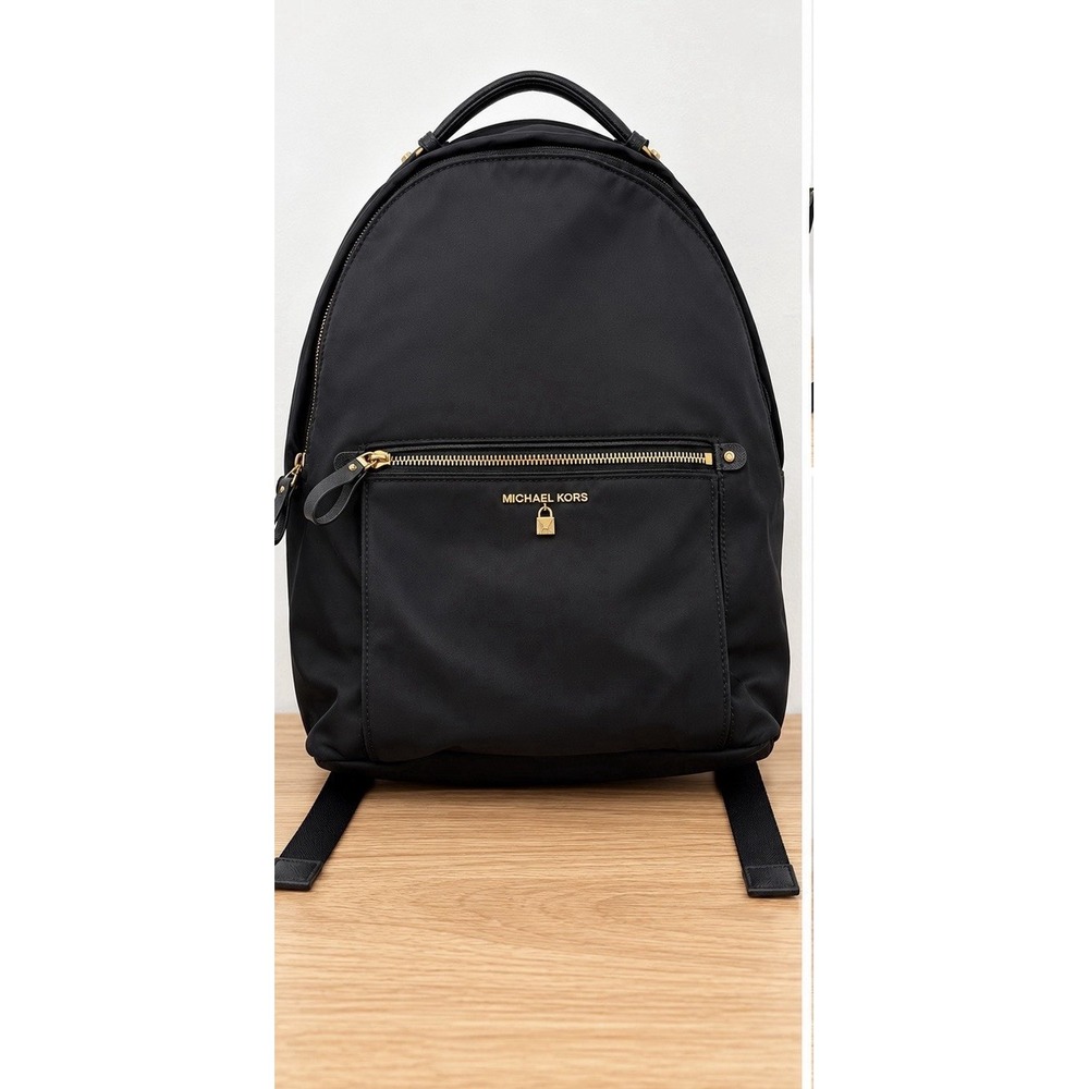 Michael Kors Black Nylon Backpack Gold Hardware Zip Pocket Padlock Charm #33